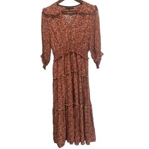 Vivienne Midow Dress Size 8‎ 100% Silk Red Orange Floral Ruffle Elastic Waist